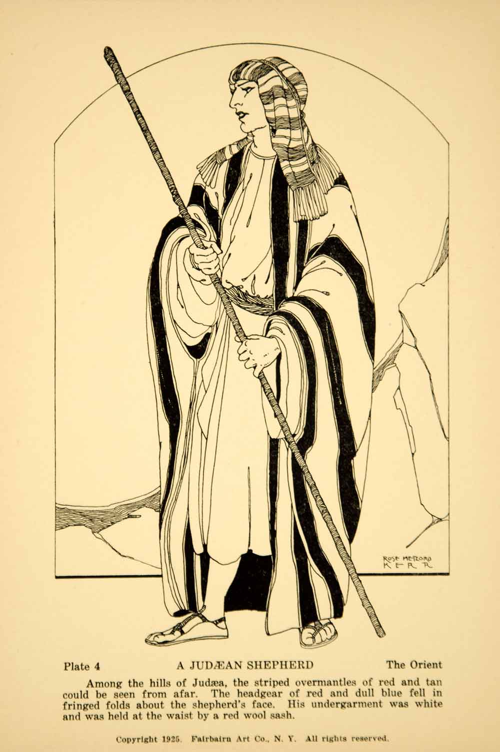 1925 Lithograph Judean Shepherd Traditional Costume Robe Rose Netzorg Kerr Art
