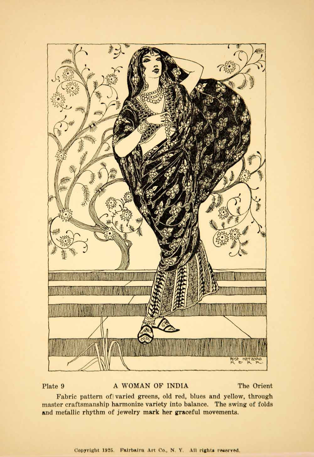 1925 Lithograph India Woman Sari Traditional Dress Costume Rose Netzorg Kerr Art - Period Paper
