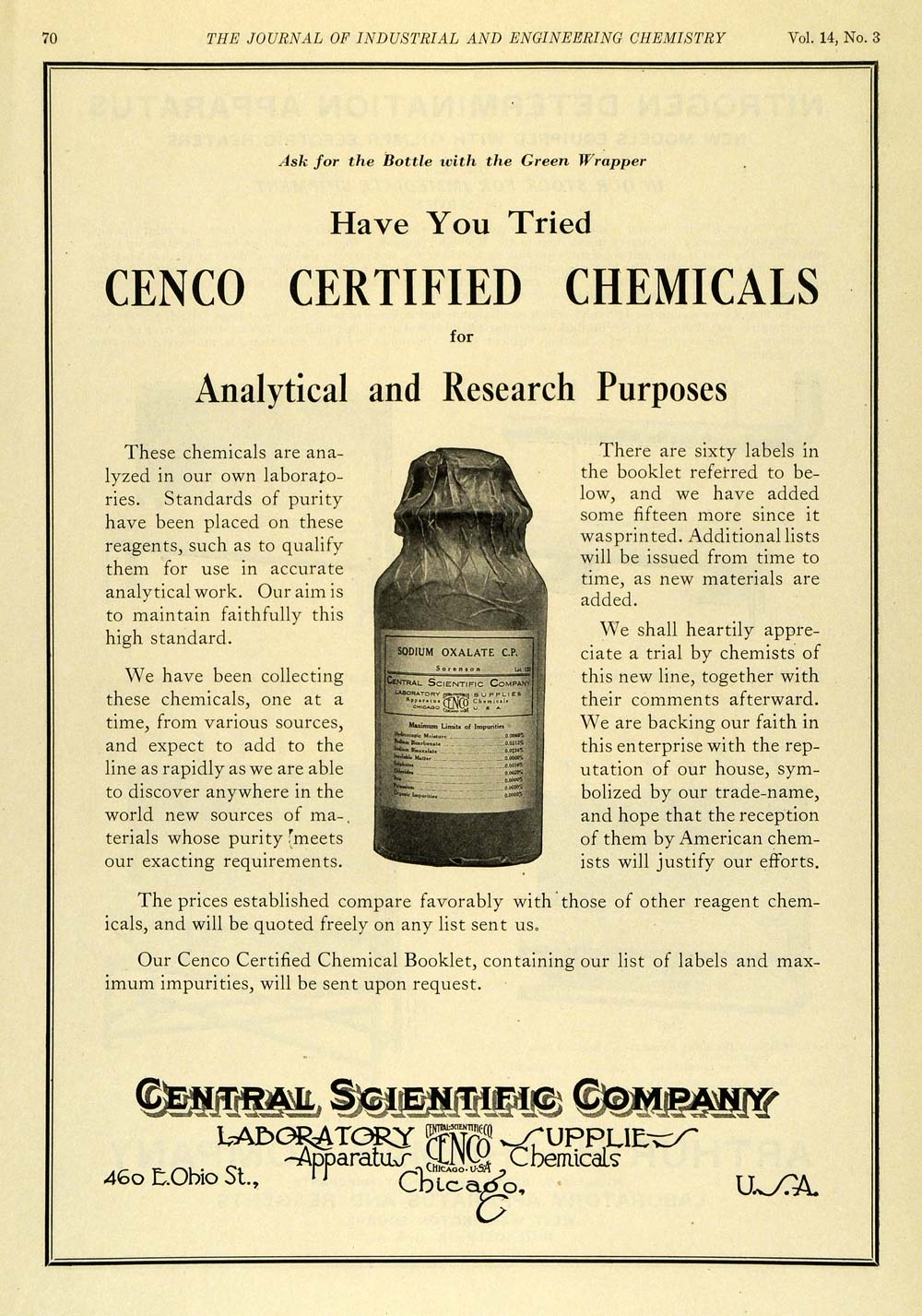 1922 Ad Cenco Certified Chemicals Central Scientific Sodium Oxalate Bo