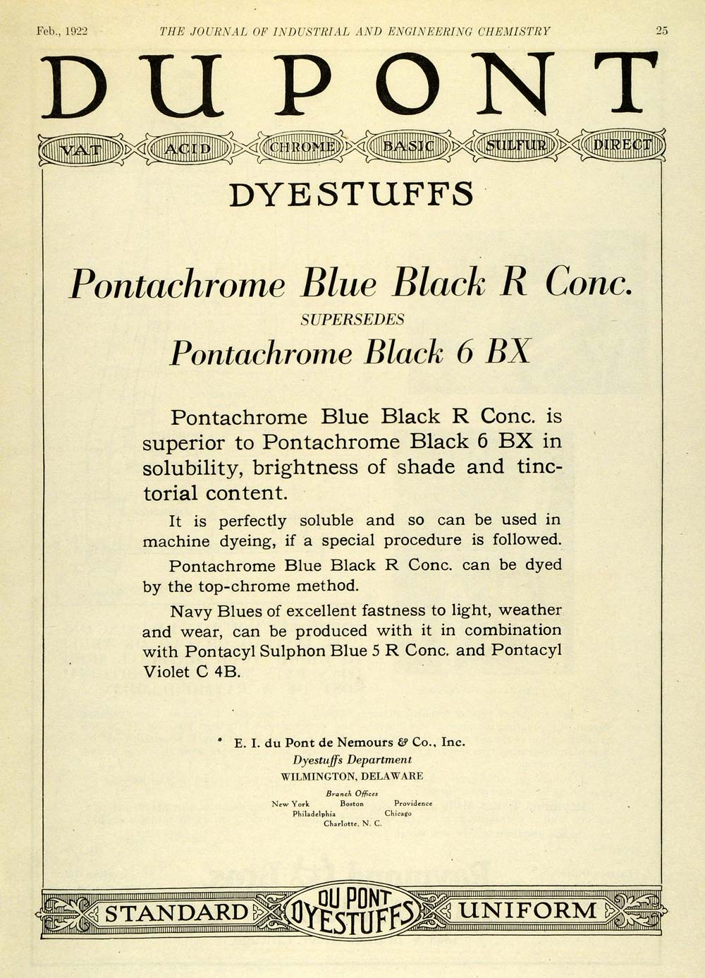 1922 Ad E. I. Du Pont de Nemours Dyestuffs Pontachrom Pontacyl Sulphon IEC1