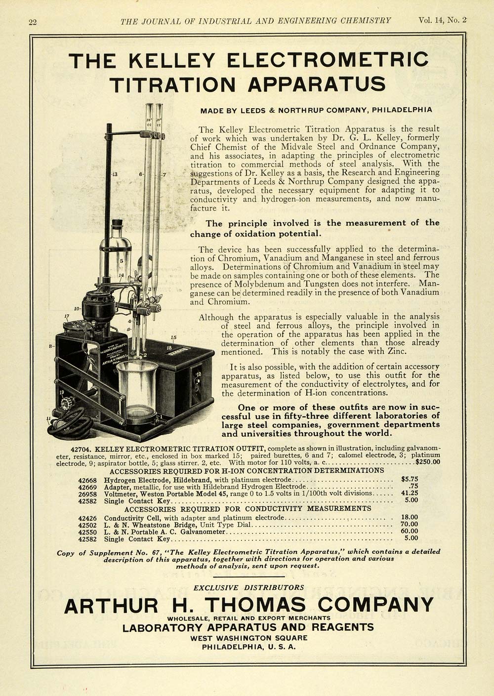 1922 Ad Kelley Electrometric Titration Apparatus Outfit Arthur H. Thomas IEC1
