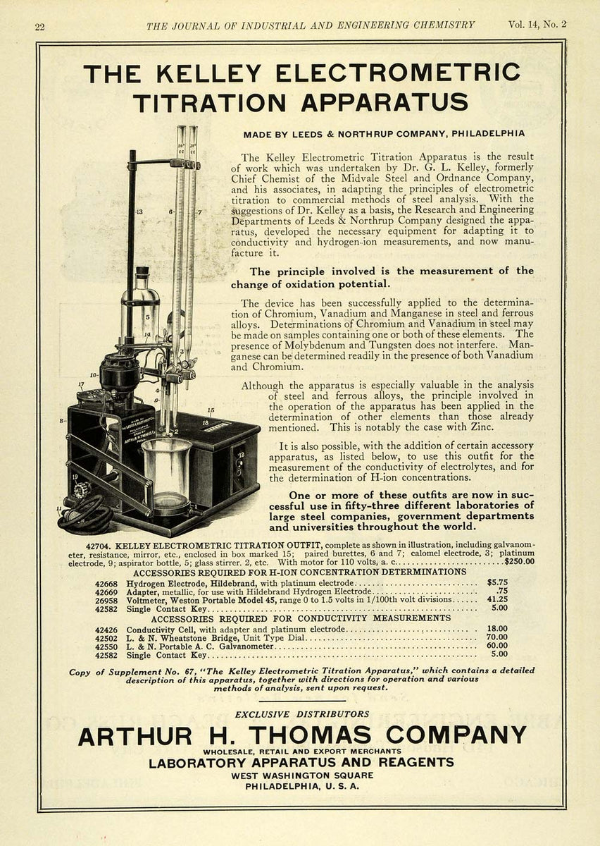 1922 Ad Kelley Electrometric Titration Apparatus Outfit Arthur H. Thom ...