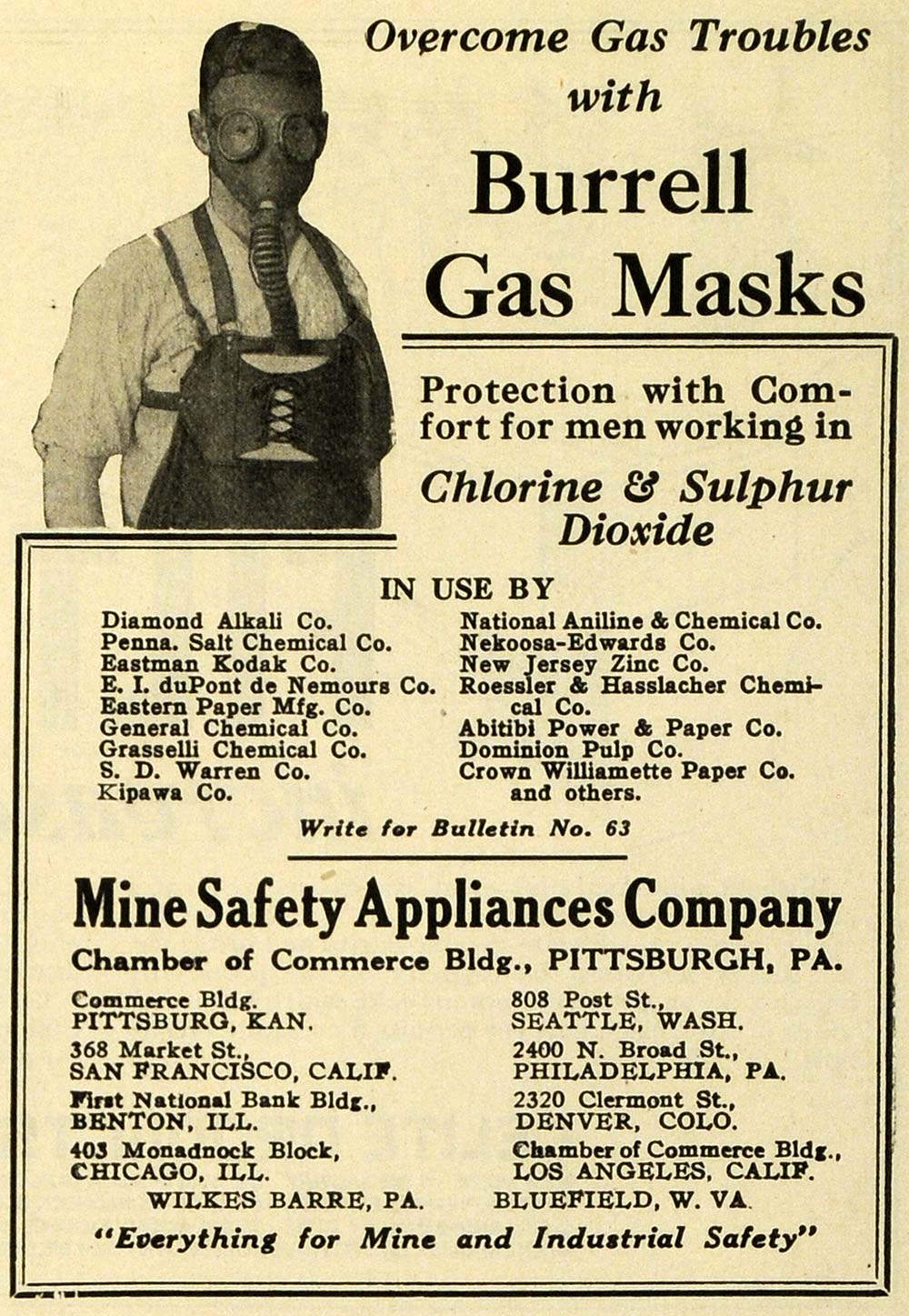 1922 Ad Mine Safety Burrell Gas Mask Vintage Sulphur Dioxide Chlorine IEC1