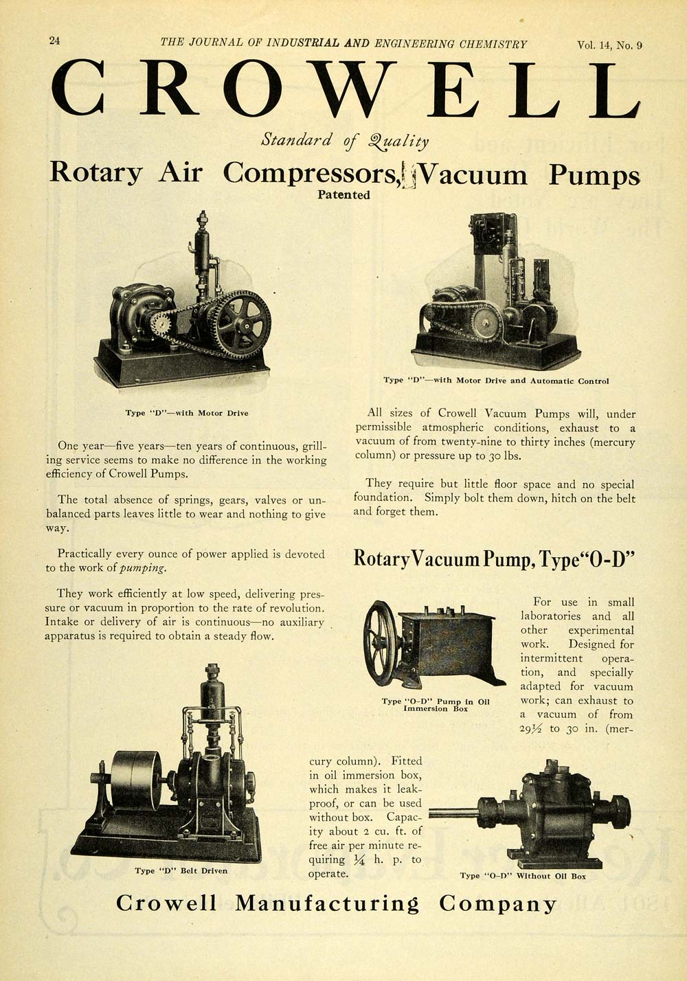 1922 Ad Crowell Rotary Air Compressors Vacuum Pumps Scientific Engineering IEC1