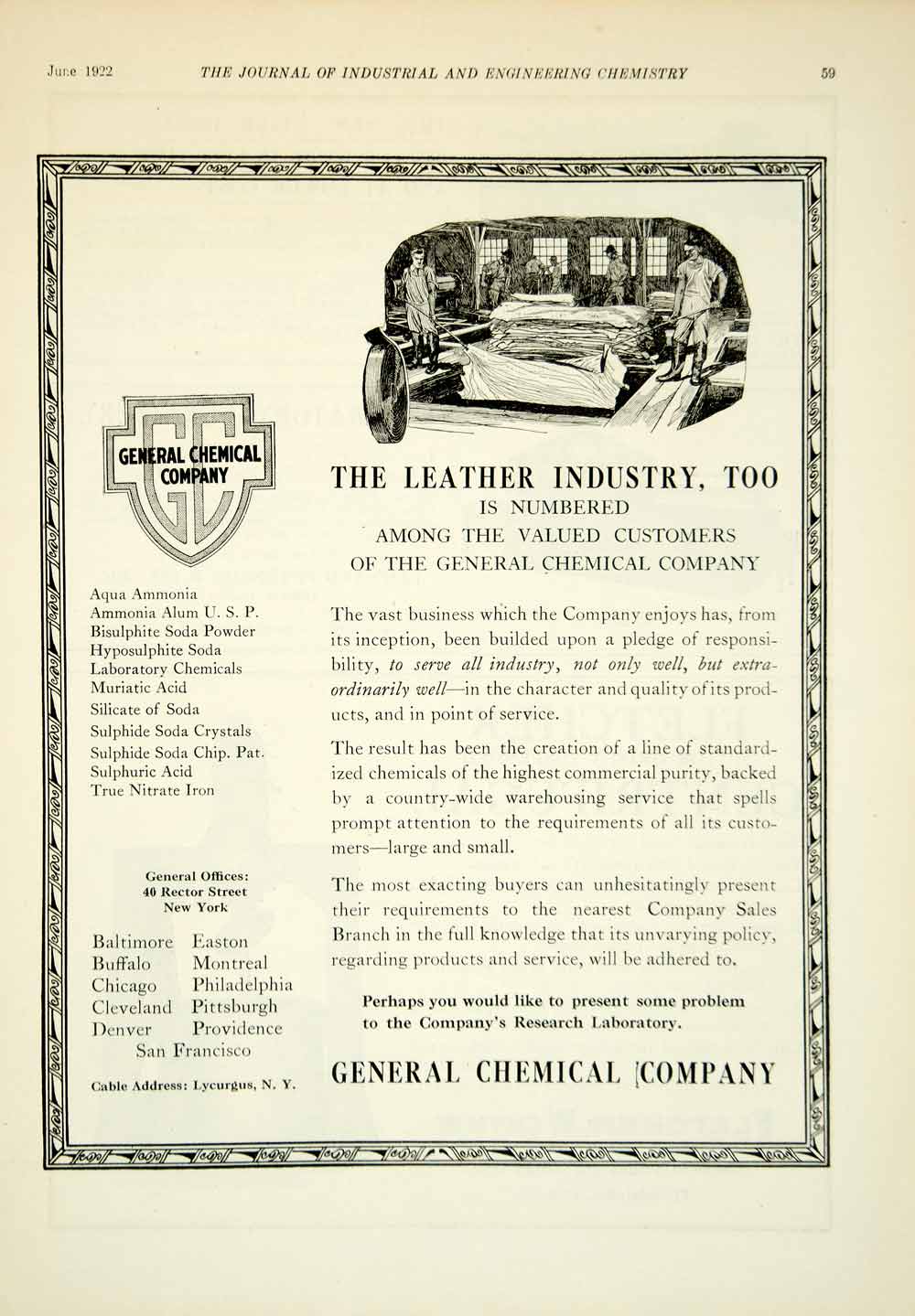 1922 Ad General Chemical Leather Industrial Manufacturing Laboratory IEC2
