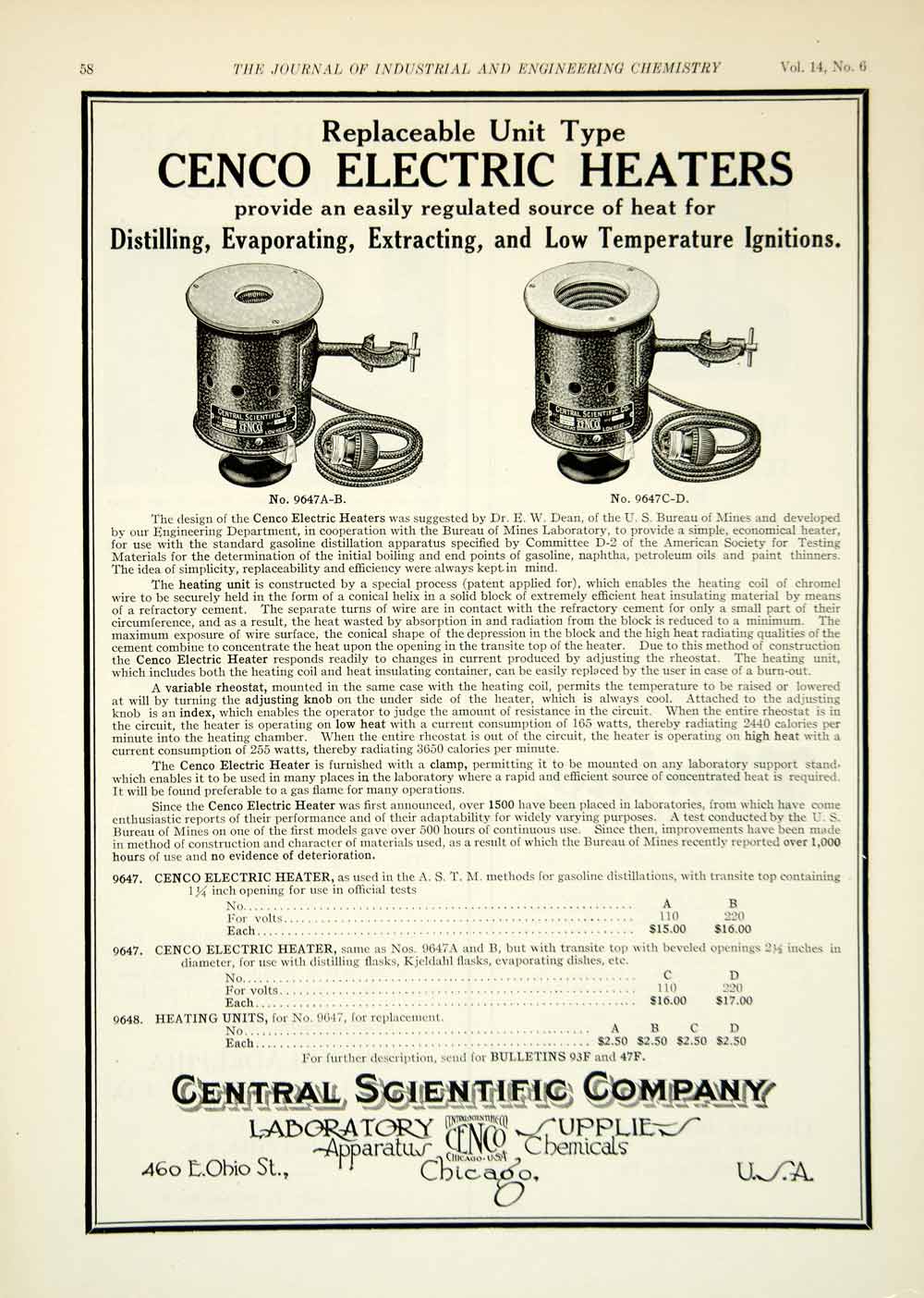 1922 Ad Central Scientific Cenco 9647 Electric Heaters Chemistry Lab IEC2