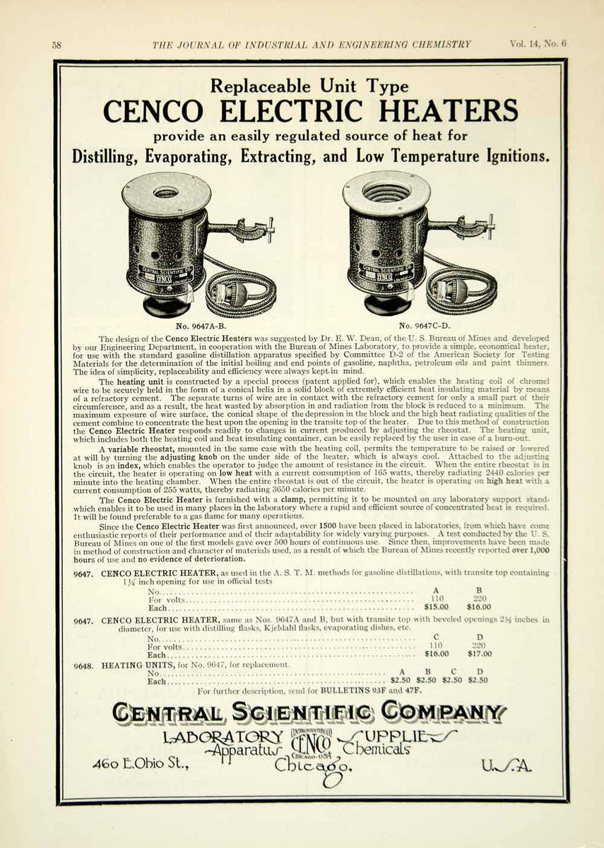 1922 Ad Central Scientific Cenco 9647 Electric Heaters Chemistry Lab I