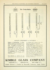 1922 Ad Kimble Glass Exax Normax Burettes Stopcocks Chemistry Science IEC2 - Period Paper
