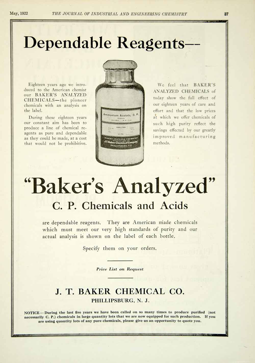 1922 Ad JT Baker Ammonium Acetate Chemical Reagent Phillipsburg NJ Science IEC2