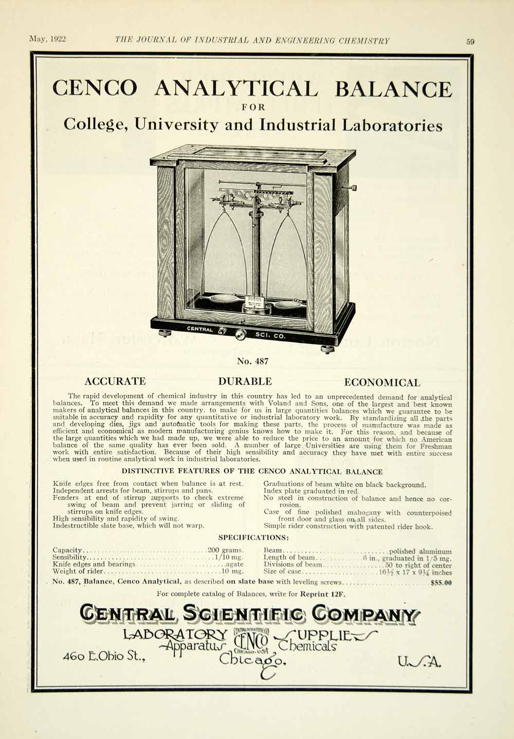 1922 Ad Central Scientific Cenco No 487 Analytical Balance Laboratory