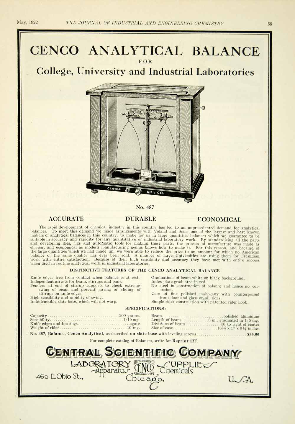1922 Ad Central Scientific Cenco No 487 Analytical Balance Laboratory IEC2