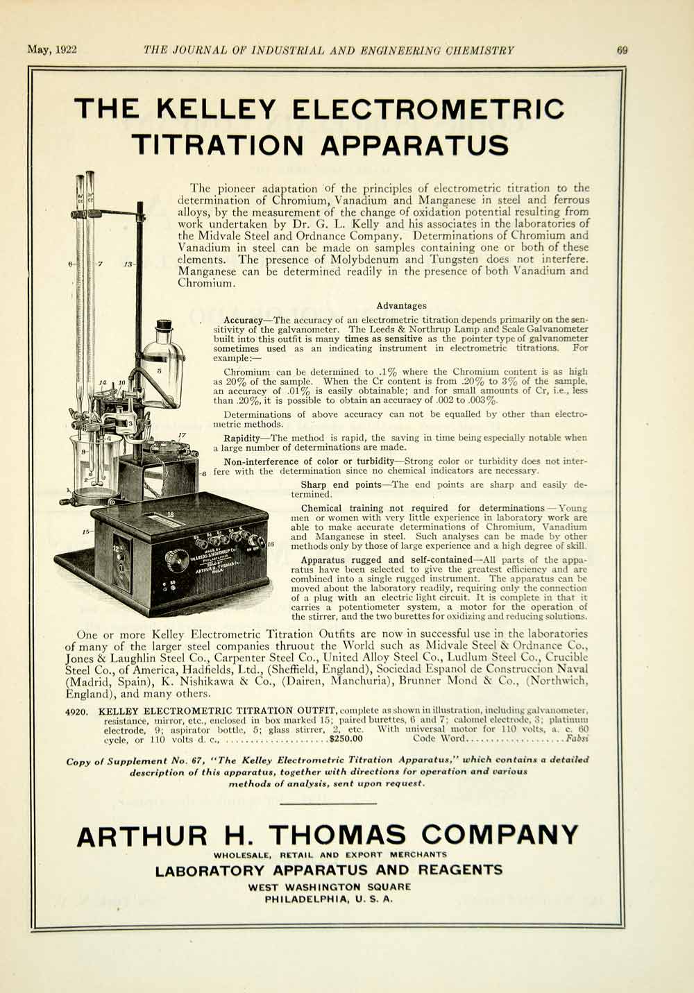 1922 Ad Arthur H Thomas Kelley Electrometric Titration Apparatus Science IEC2
