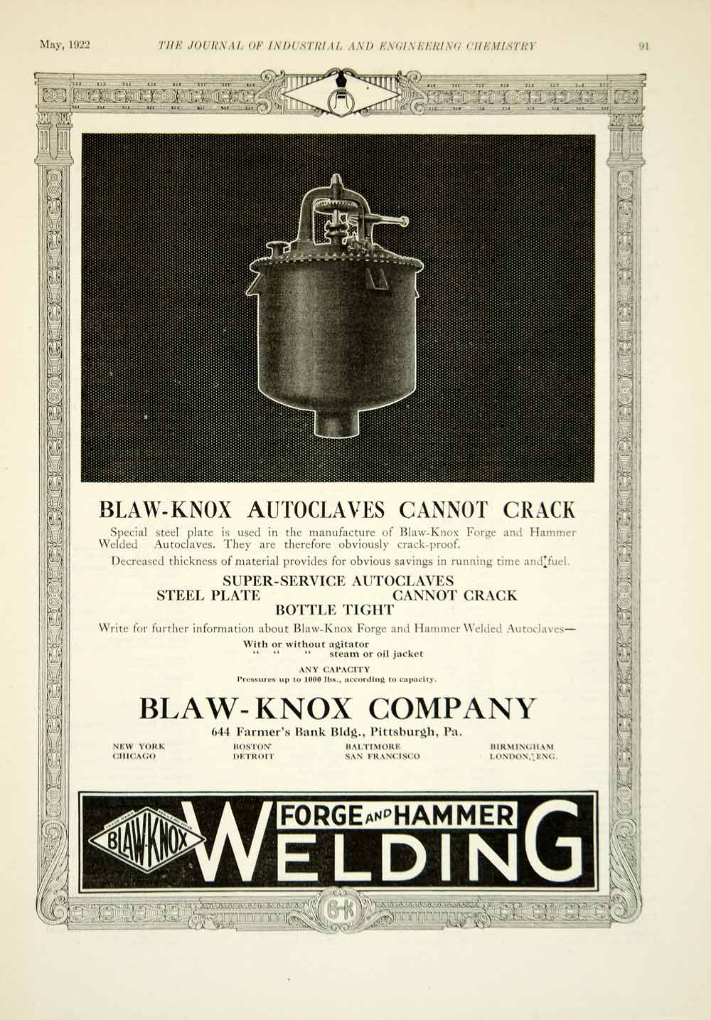 1922 Ad Blaw-Knox Autoclave 644 Farmers Bank Bldg Pittsburgh PA Industrial IEC2