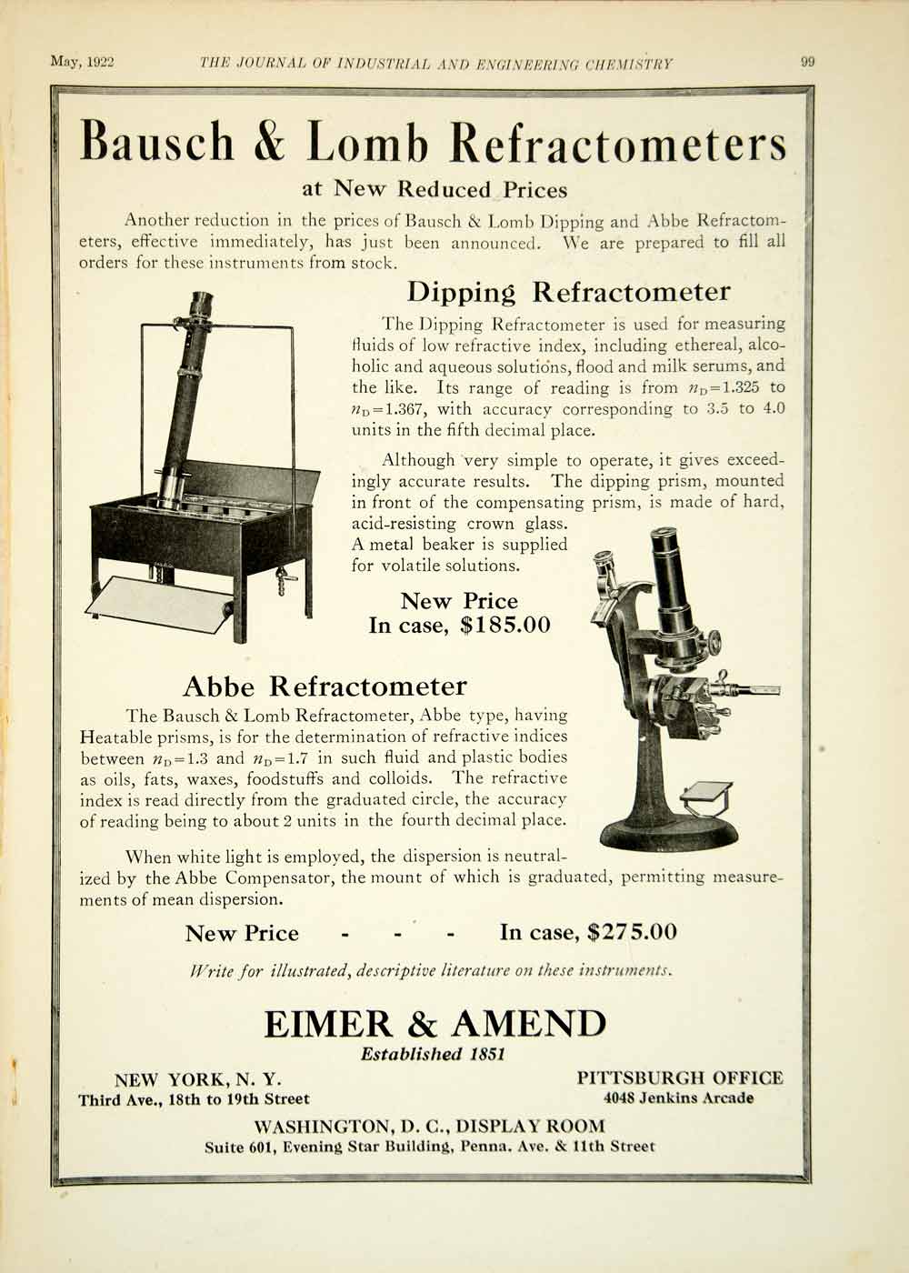 1922 Ad Bauch Lomb Dipping Abbe Refractometers Eimer Amend Science IEC2