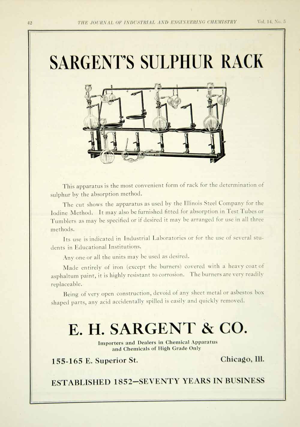 1922 Ad EH Sargent Sulphur Rack Science Laboratory Chemistry Test Tube IEC2