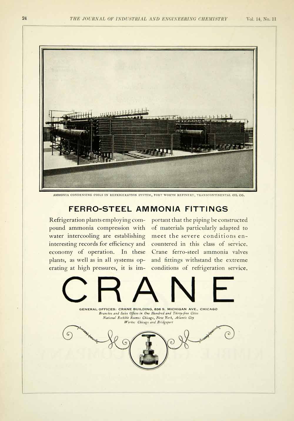 1922 Ad Crane Ferro-Steel Ammonia Fittings Ft Worth Oil Refinery Industrial IEC2