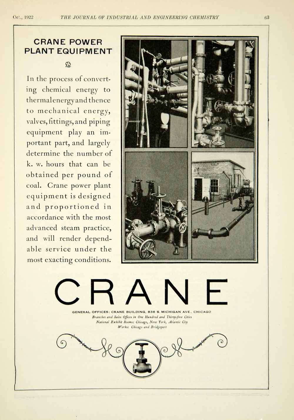 1922 Ad Crane Power Plant Equipment Valve Pipe Fitting Plumbing Factory IEC2