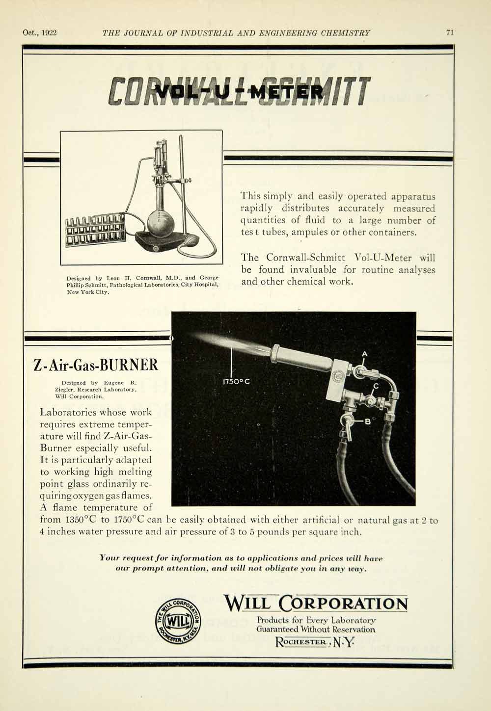 1922 Ad Will Cornwall-Schmitt Vol-U-Meter Z-Air Gas Burner Science Lab IEC2