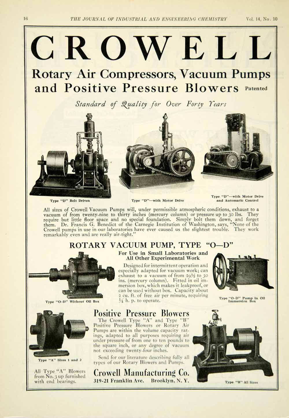 1922 Ad Crowell Manufacturing Rotary Air Compressor Vacuum Pump Pressure IEC2