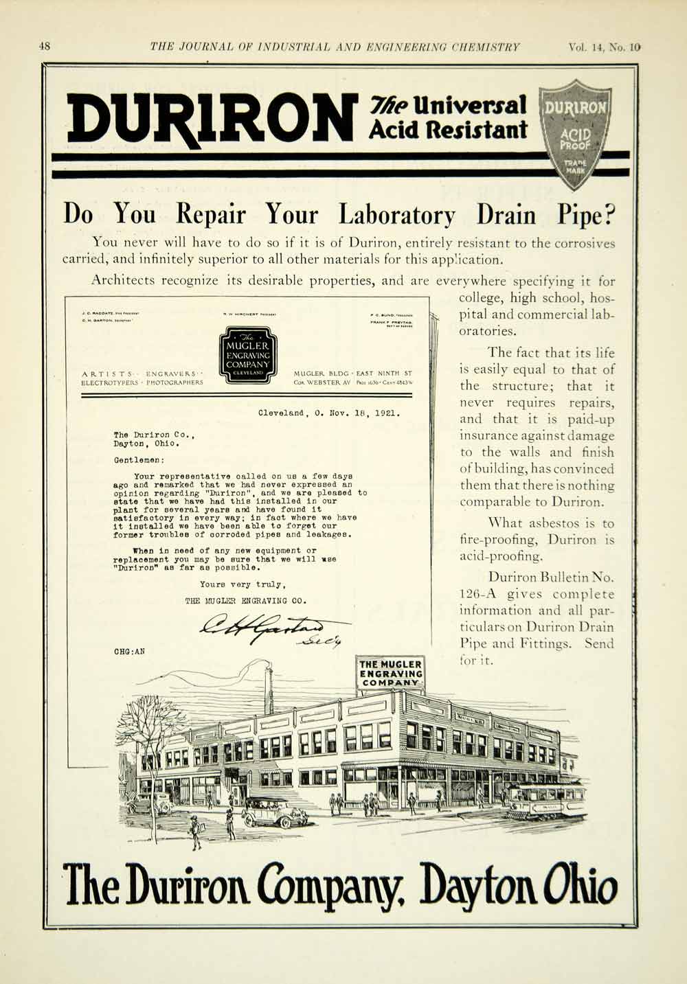 1922 Ad Duriron Drain Pipe Construction Mugler Engraving Plant Building IEC2