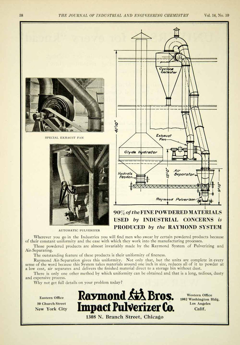 1922 Ad Raymond Bros Air Separation Exhaust Fan Pulverizer Industrial