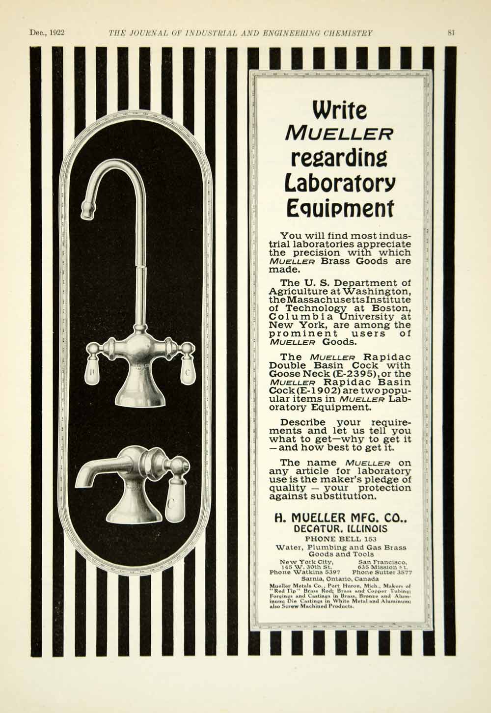 1922 Ad H Mueller Rapidac Double Basin Cock Goose Neck Faucet Plumbing Pipe IEC2