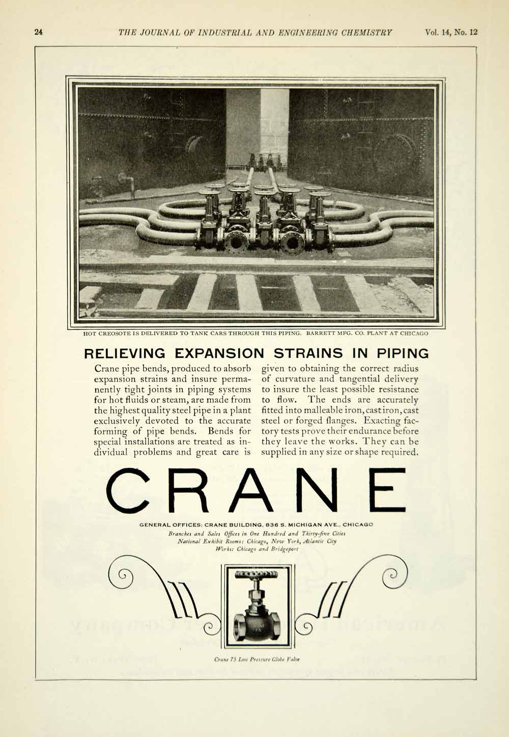 1922 Ad Crane Pipe Bends Plumbing Construction Barrett Manufacturing Plant IEC2