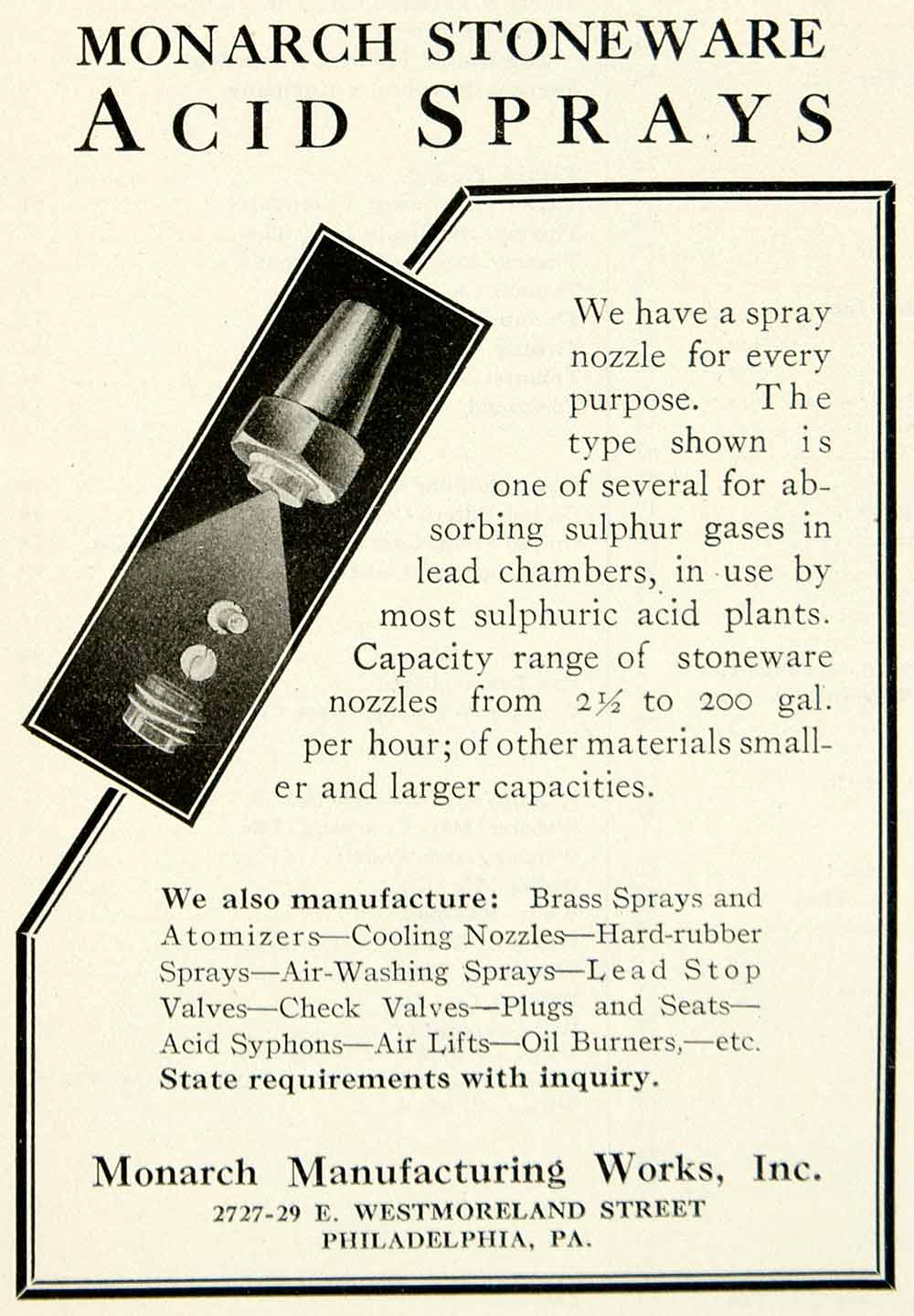 1921 Ad Monarch Stoneware Acid Spray Nozzle Chemical Plant Industrial IEC2