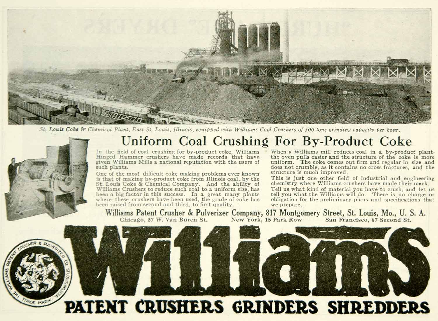 1922 Ad Williams Patent Coal Crusher Pulverizer St Louis Coke Chemical IEC2