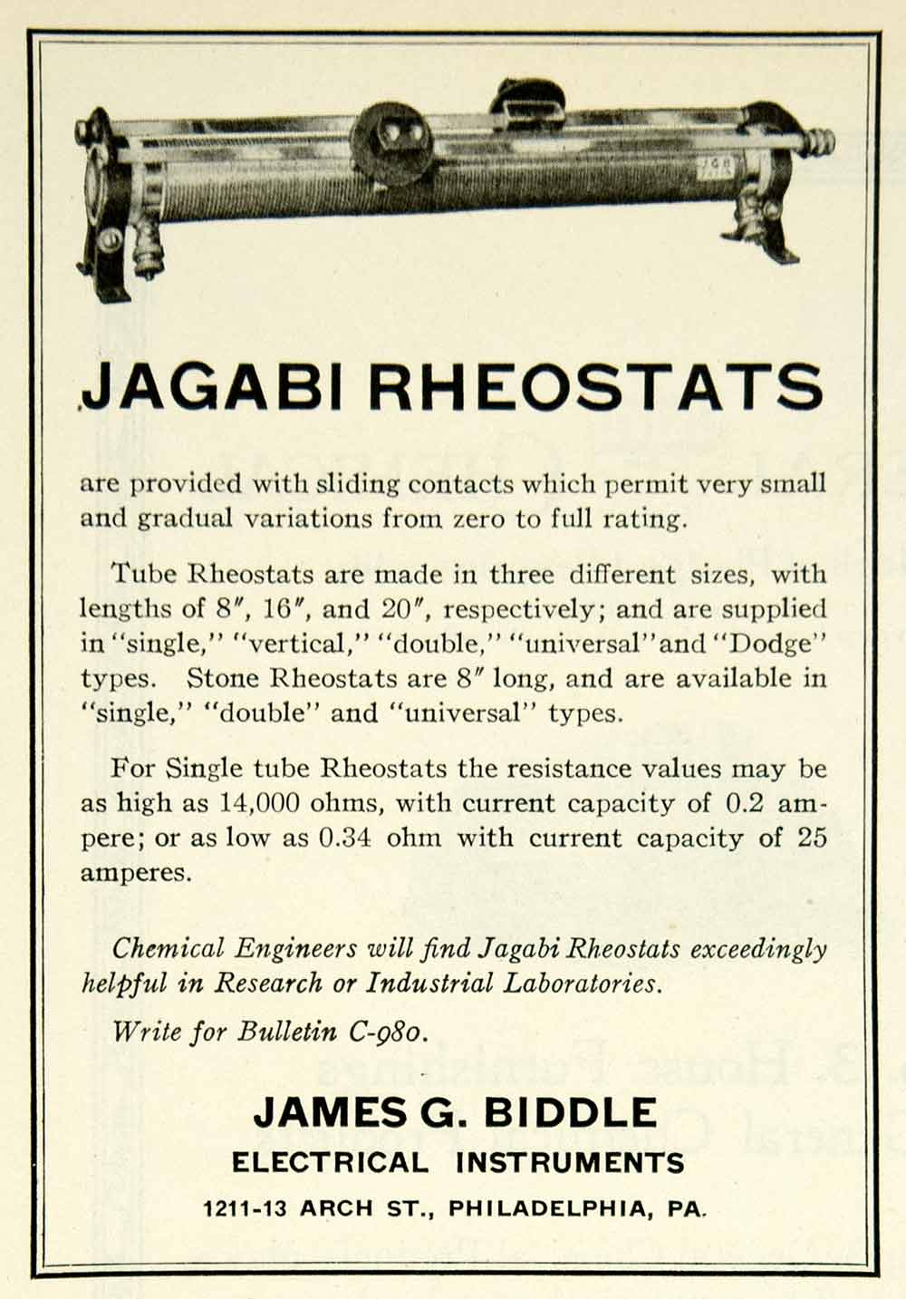 1922 Ad James G Biddle Electrical Instruments Jagabi Tube Rheostats Sc