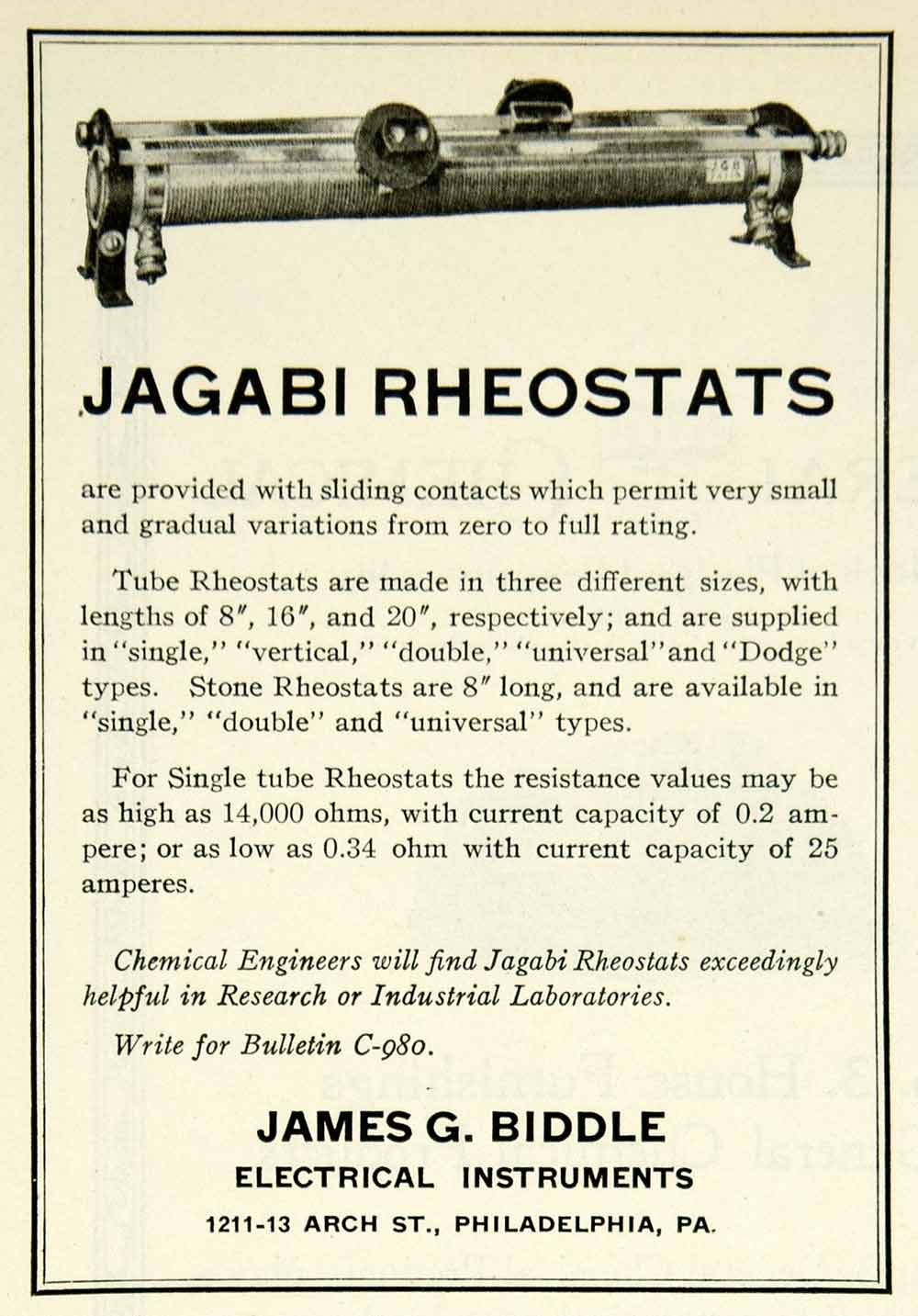1922 Ad James G Biddle Electrical Instruments Jagabi Tube Rheostats Science IEC2