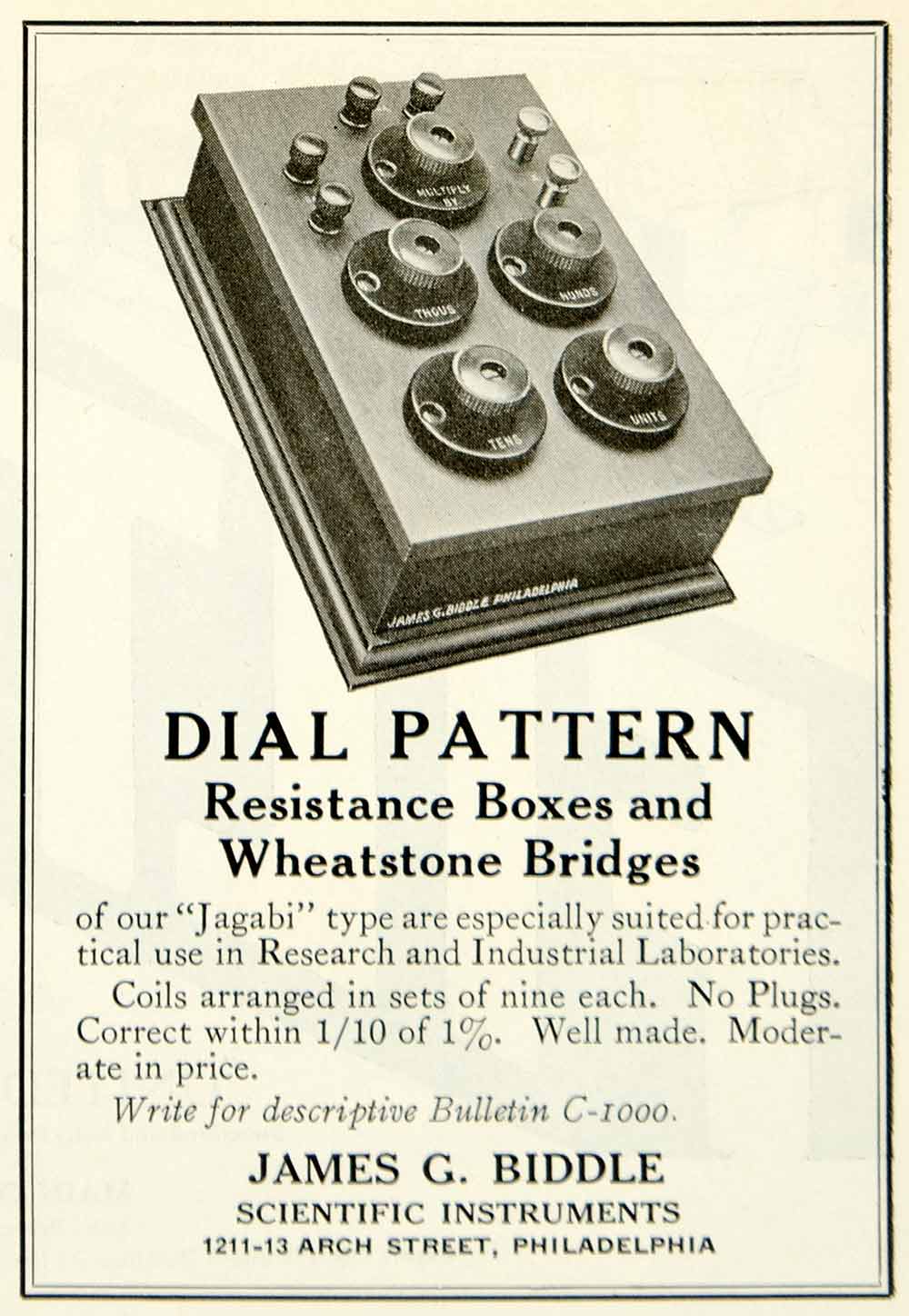 1922 Ad James G Biddle Jagabi Dial Pattern Resistance Box Wheatstone Bridge IEC2