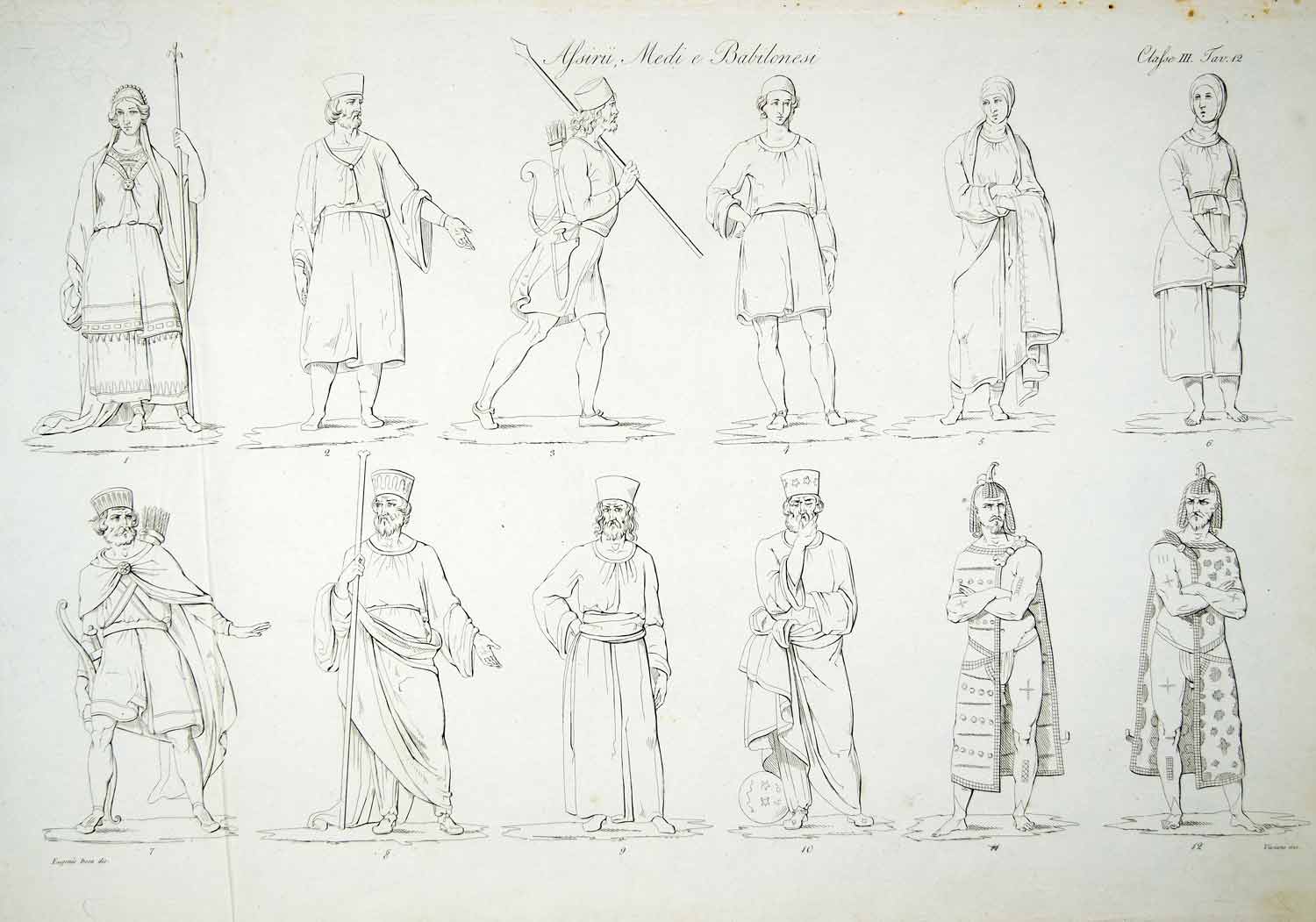 1833 Copper Engraving Eugenio Bosa Art Assyrian Babylonian Median Costume ILC1