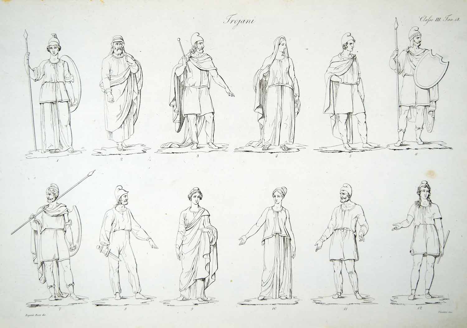 1833 Copper Engraving Eugenio Bosa Art Trojan War Troy Costume Iliad Homer ILC1