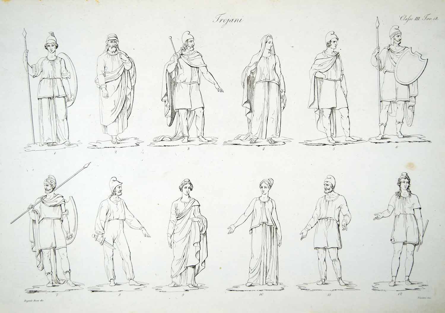 1833 Copper Engraving Eugenio Bosa Art Trojan War Troy Costume Iliad Homer ILC1