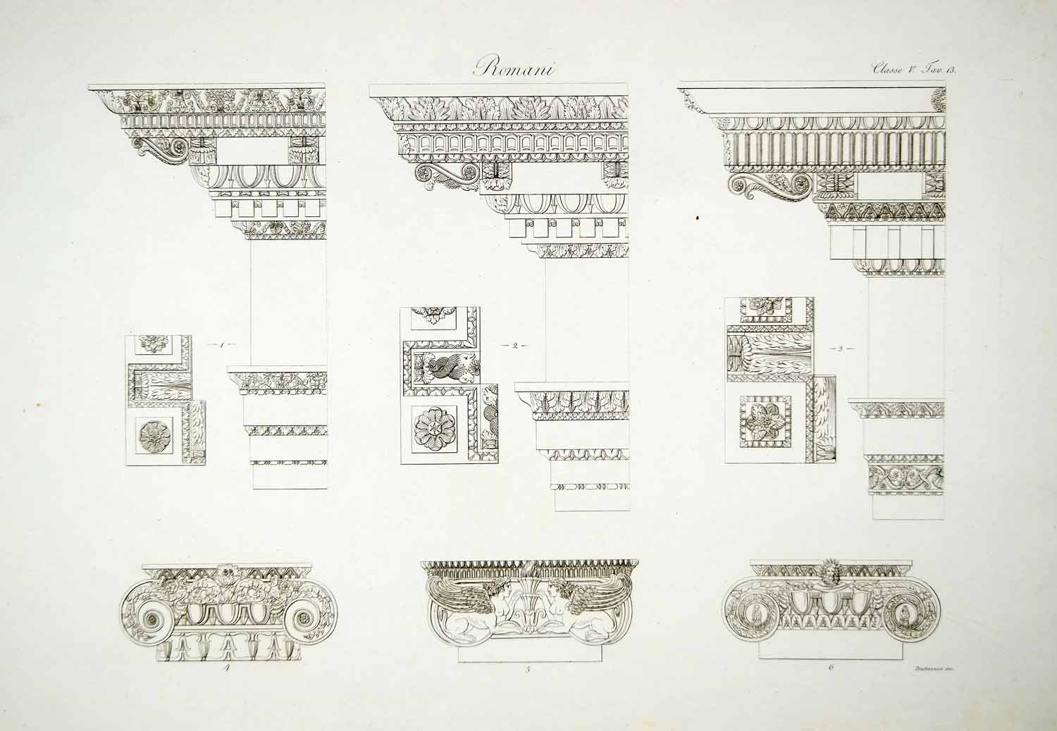 1833 Copper Engraving Ancient Roman Architecture Entablature Forum Nerva ILC1