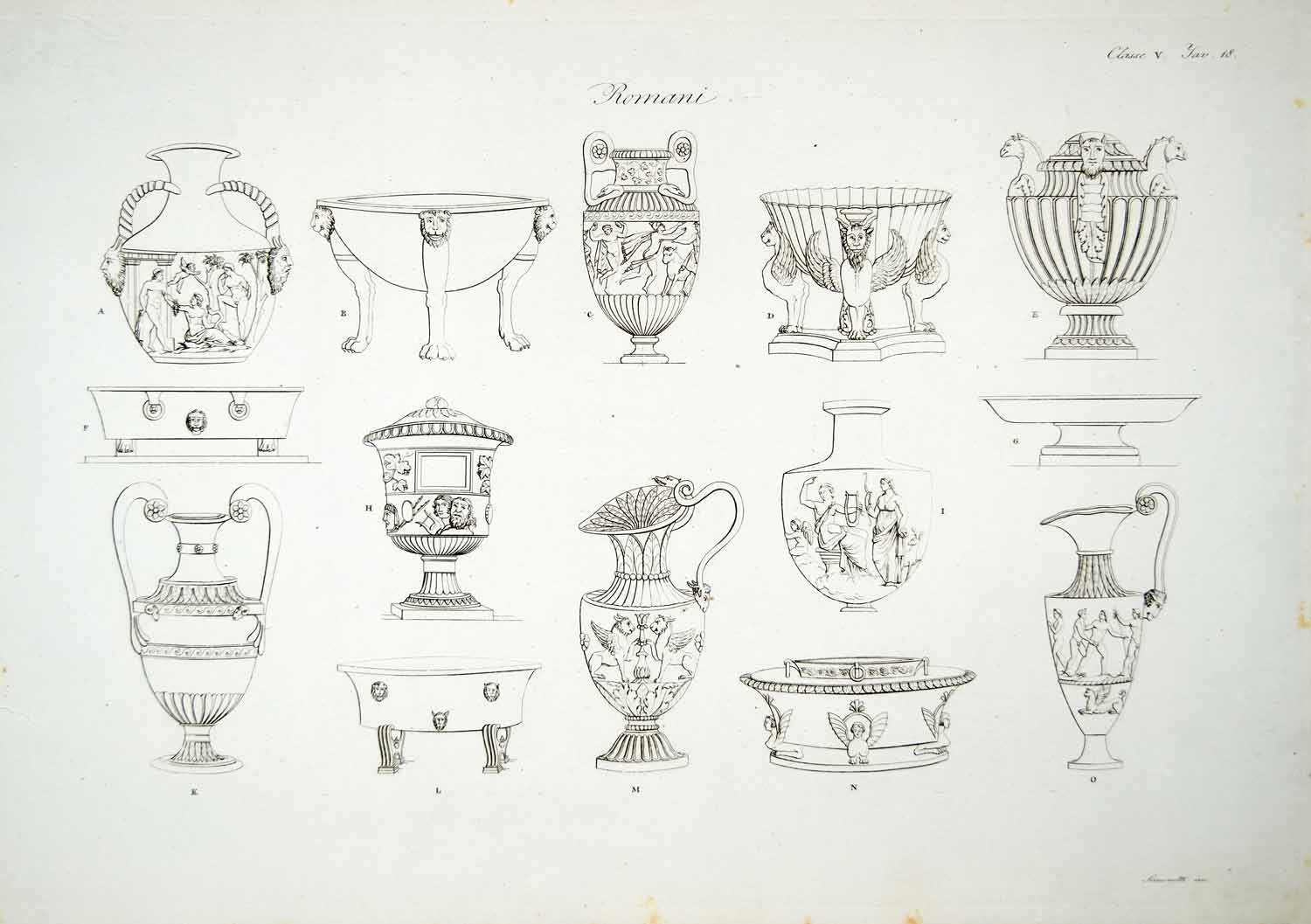 1833 Copper Engraving Art Ancient Roman Vase Archaeology Rome Pot Jar Basin ILC1