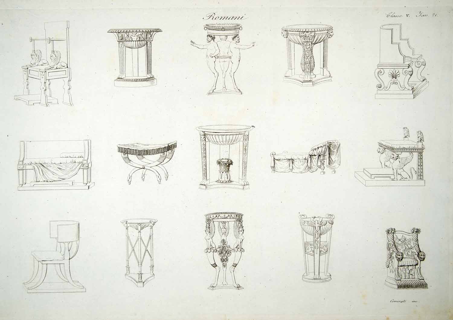 1833 Copper Engraving Art Ancient Roman Rome Furniture Chair Tripod Beds ILC1