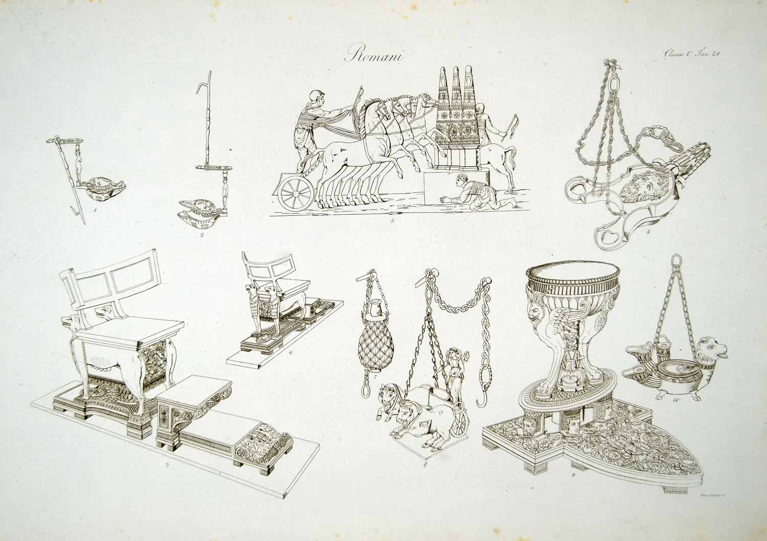 1833 Copper Engraving Art Ancient Roman Rome Circus Chariot Altar Furniture ILC1