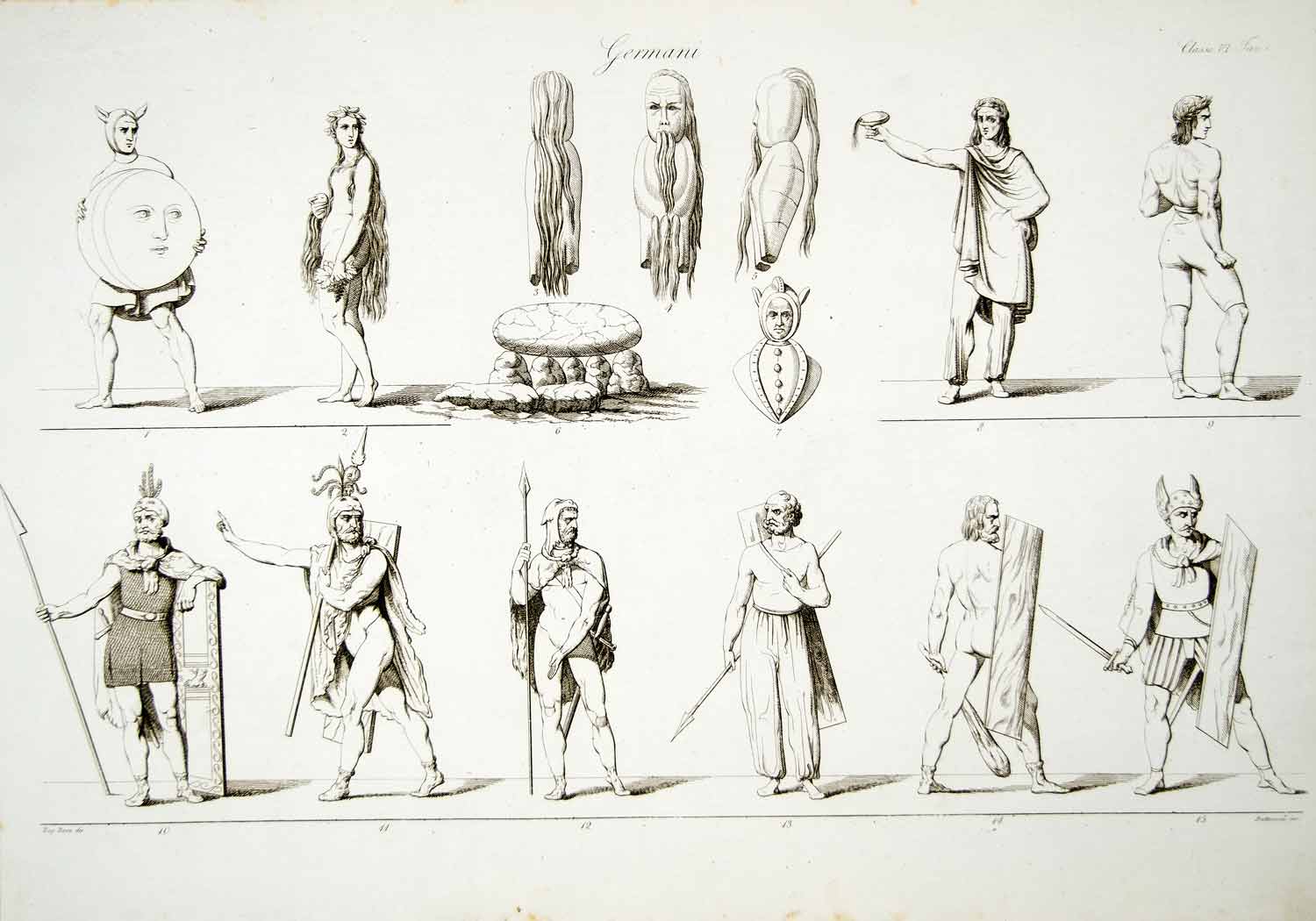1833 Copper Engraving Bosa Art Ancient Germanic Costume Gods Warriors Nude ILC1