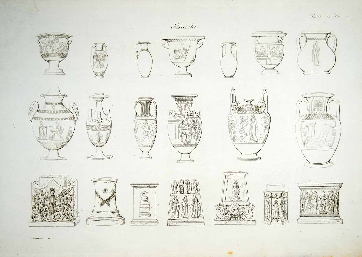 1833 Copper Engraving Ancient Etruscan Vase Candlestick Pottery Archaeology ILC1