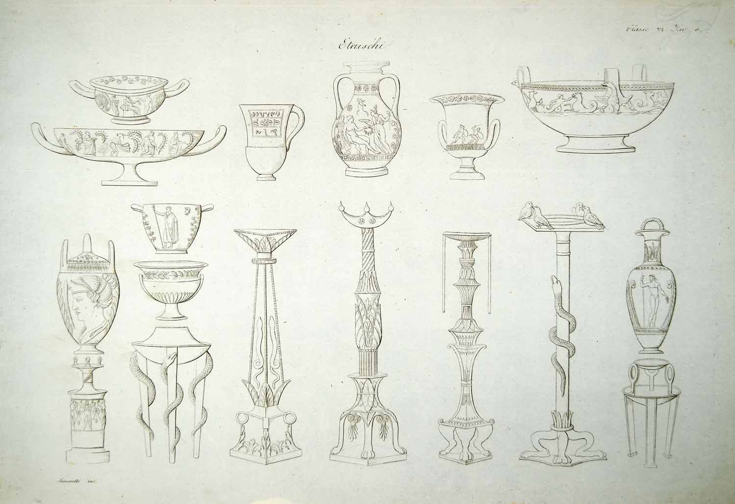1833 Copper Engraving Art Ancient Etruscan Archaeology Pottery Candlestick ILC1