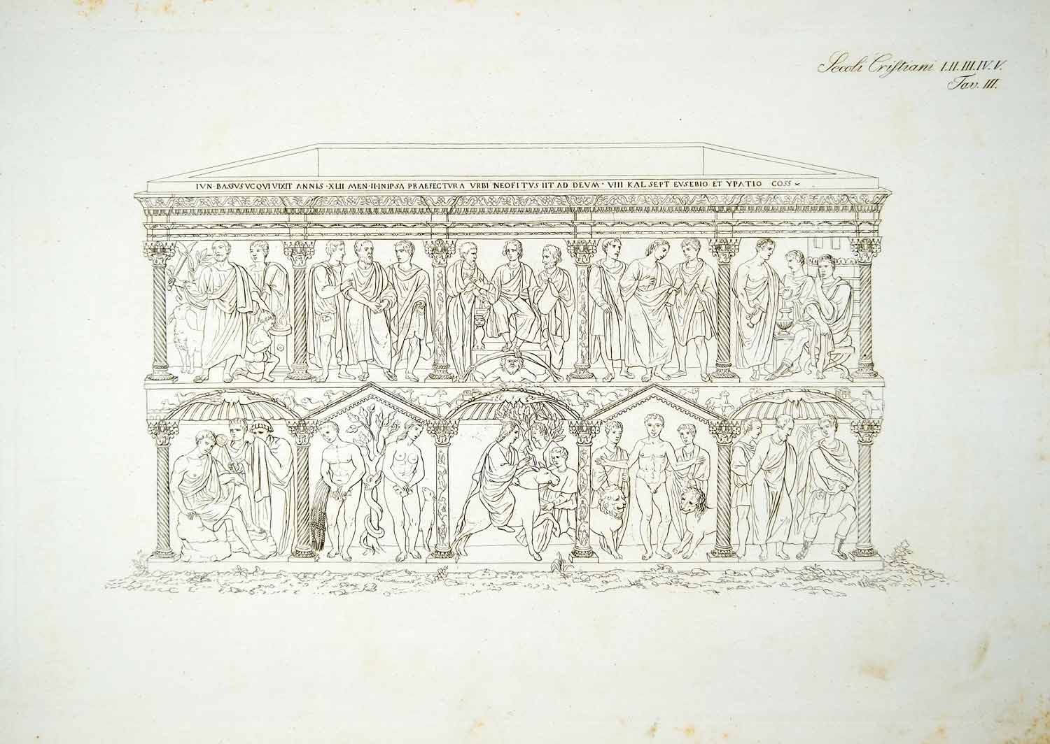 1834 Copper Engraving Costumes Early Christians Nudes Men Sarcophagus Art ILC2