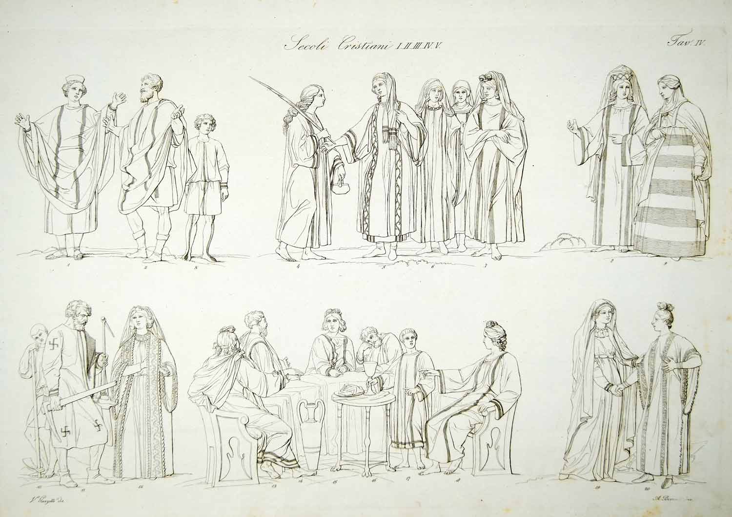1834 Copper Engraving Costumes Early Christian Women Clothing Dress Robes ILC2