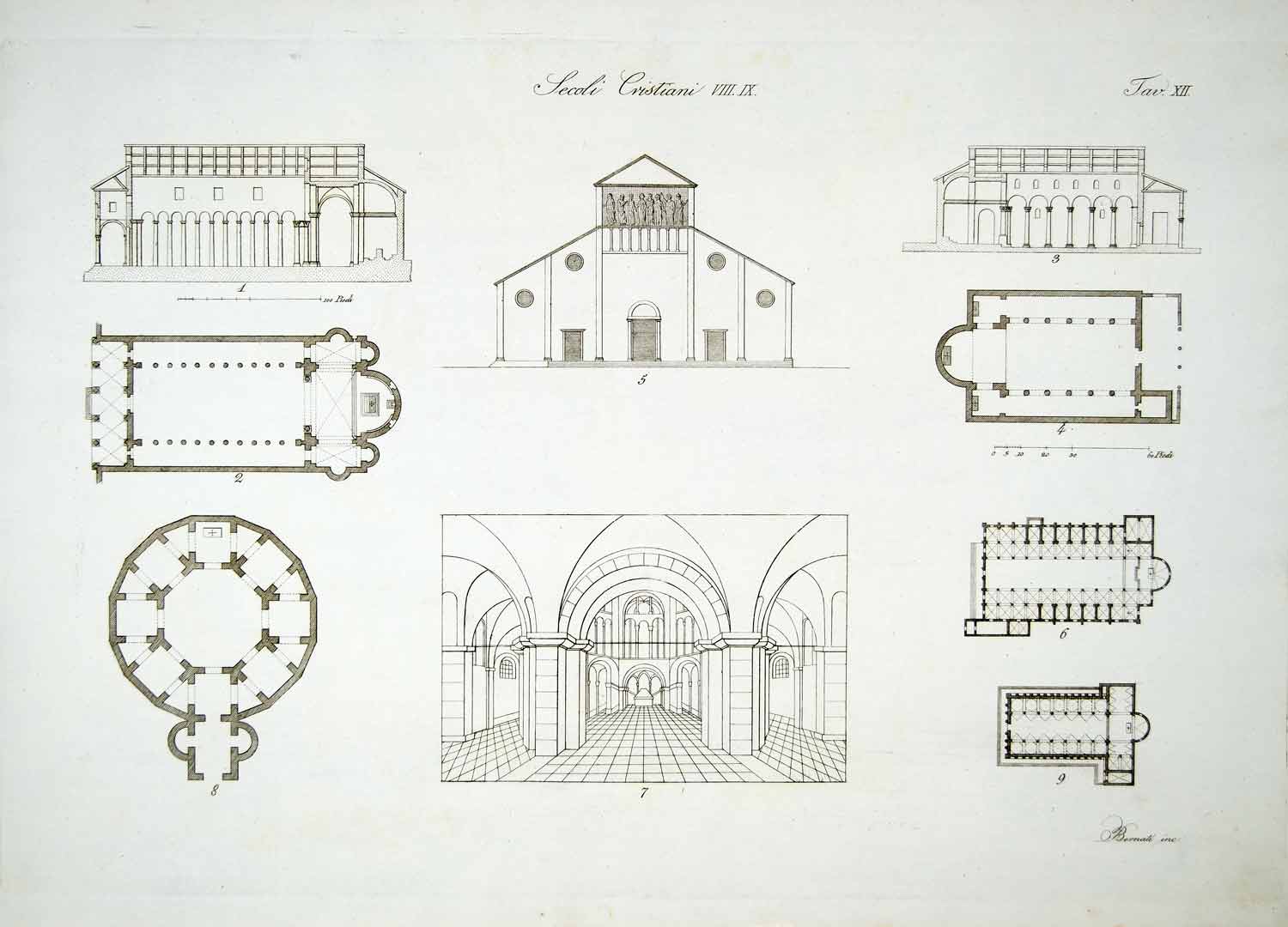 1834 Copper Engraving Lucca Italy Rome Church Architectural Elevation Plans ILC2