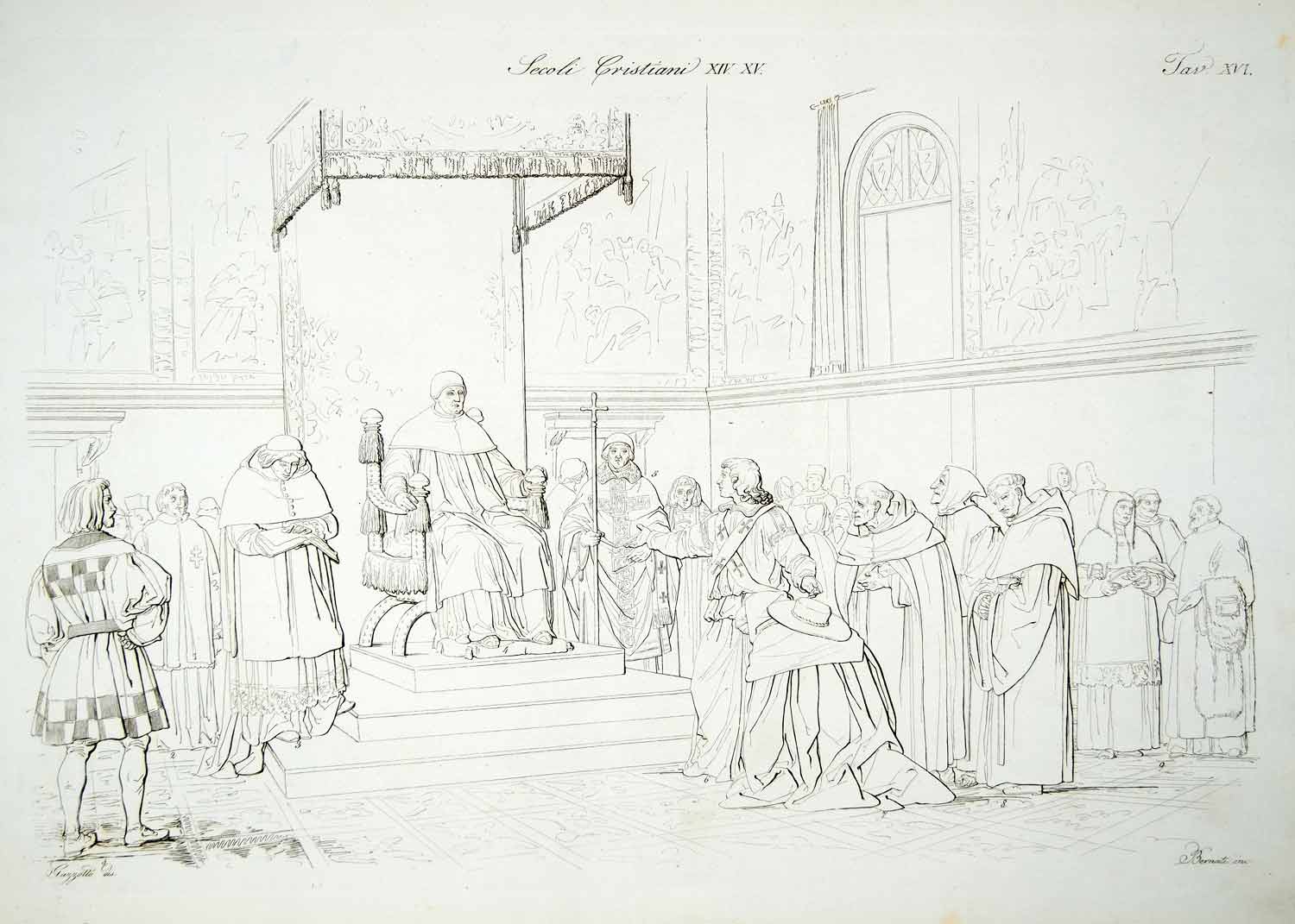 1834 Copper Engraving Pope Throne Medieval Clergy Costume Ecclesiastical ILC2