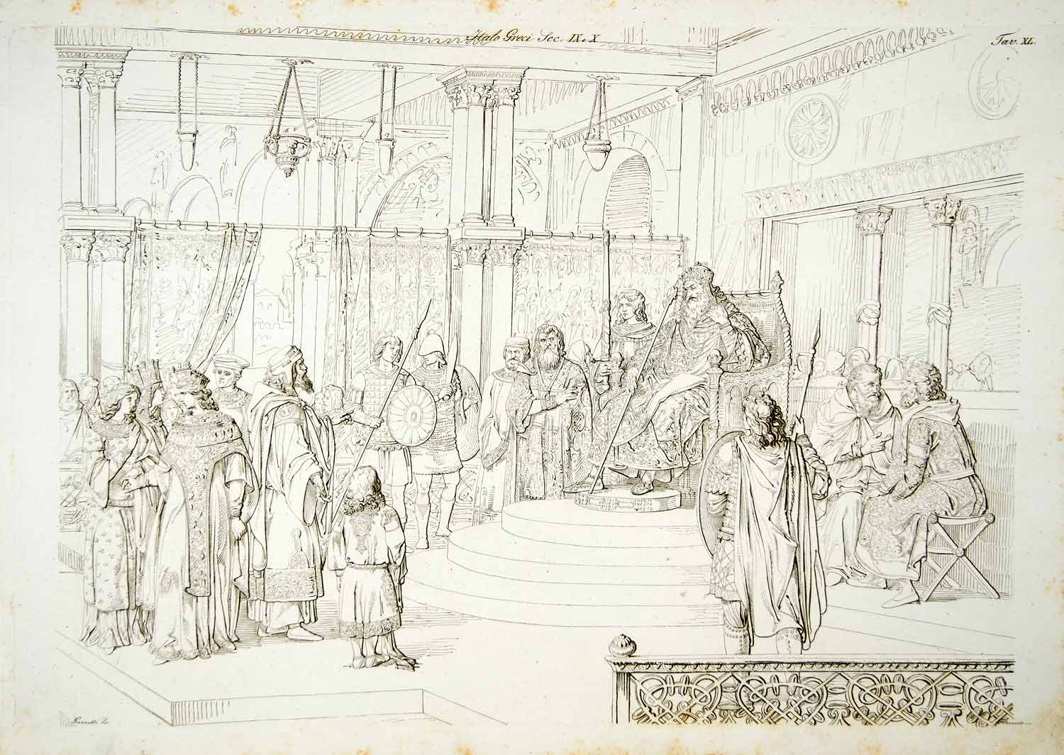 1834 Copper Engraving Costume Medieval Soldiers Courtiers Greek Italian ILC2