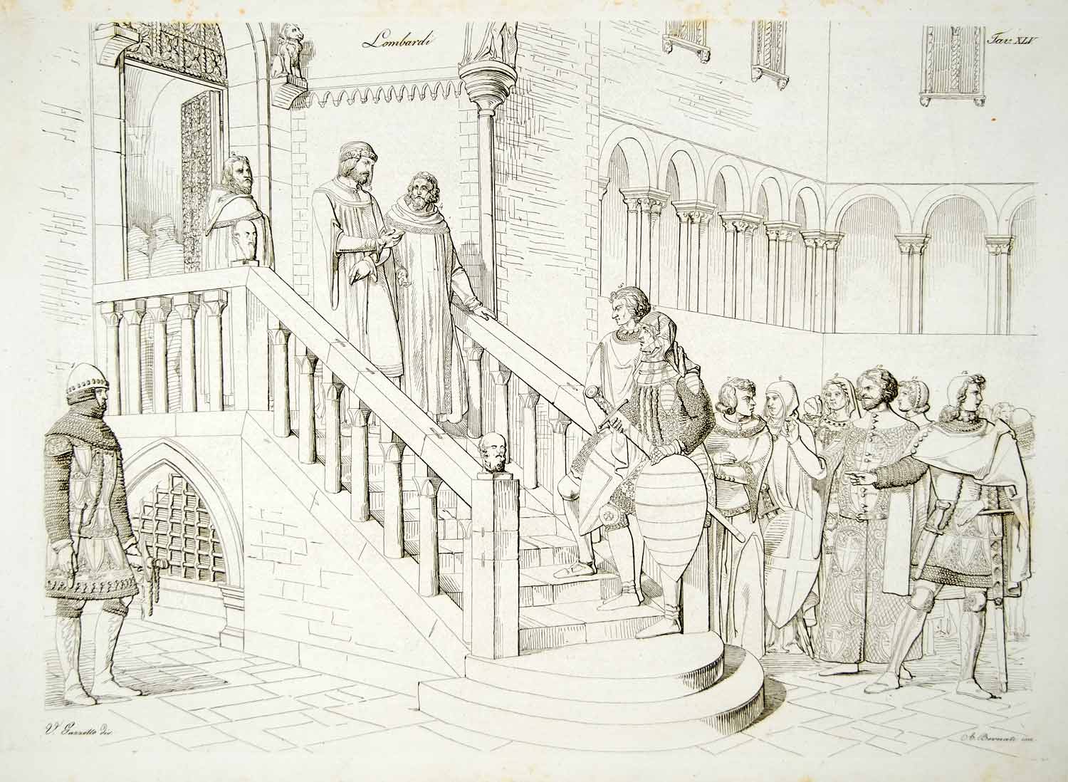 1834 Copper Engraving Medieval Armor Italy Azzone Visconti Soldiers Weapons ILC2