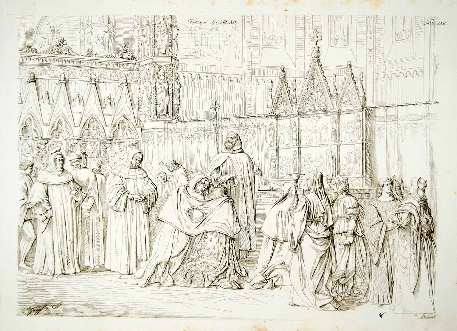 1834 Copper Engraving Medieval Bride Costume Wedding Dress Tuscany Priest ILC2