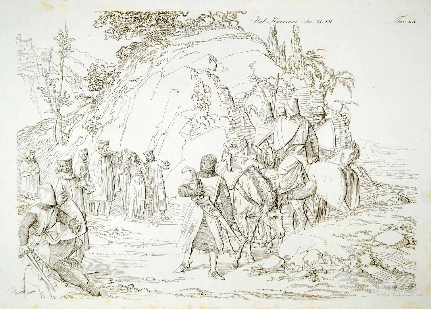 1834 Copper Engraving Medieval Costume Norman Knights Armor Weapons Italy ILC2